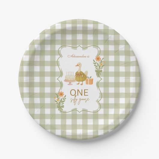  Green Gingham Silly Goose 1st Birthday Papieren Bordje (Voorkant)