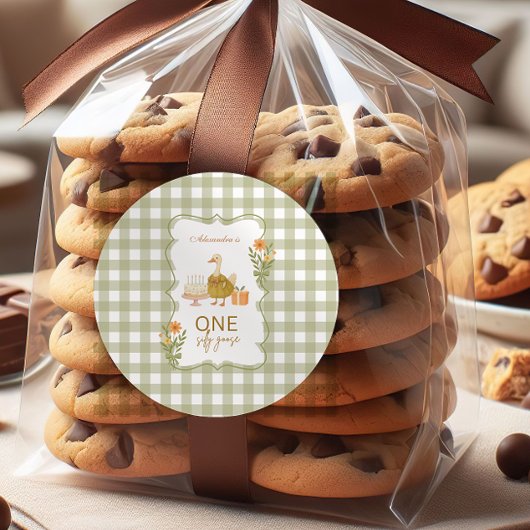 Green Gingham Silly Goose 1st Birthday Ronde Sticker