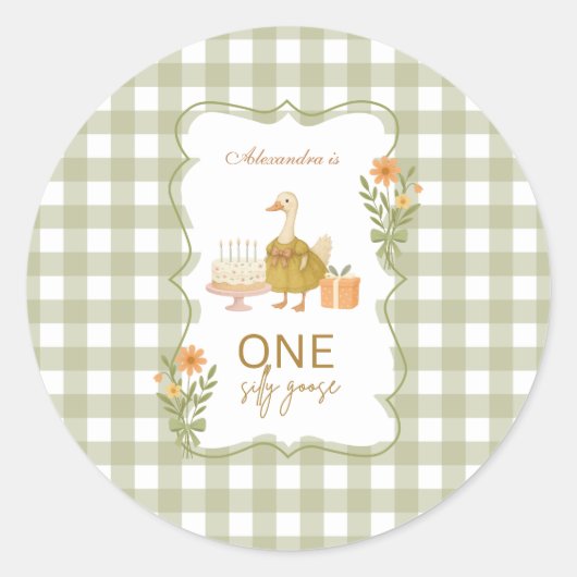  Green Gingham Silly Goose 1st Birthday Ronde Sticker (Voorkant)