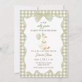 Green Gingham Silly Goose Baby Shower Invitation Kaart (Voorkant)