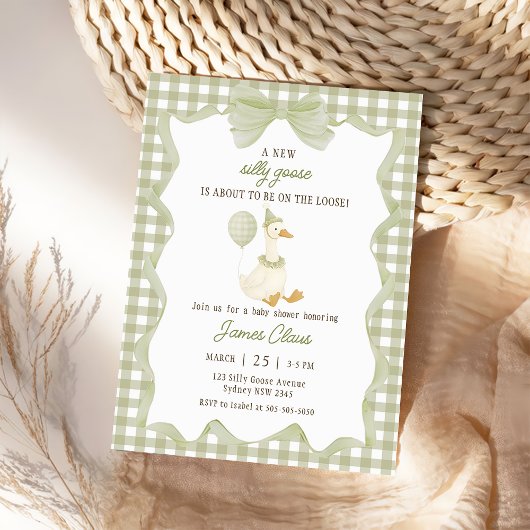 Green Gingham Silly Goose Baby Shower Invitation Kaart