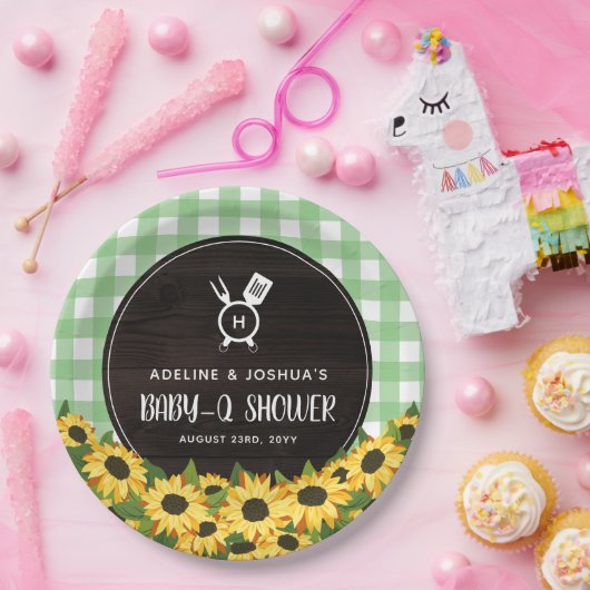 Green Gingham & Sunflower Rustic Baby-Q Shower Papieren Bordje (Feest)