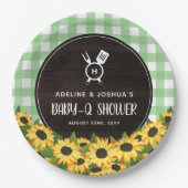 Green Gingham & Sunflower Rustic Baby-Q Shower Papieren Bordje (Voorkant)