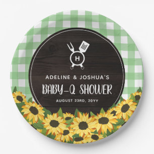 Green Gingham & Sunflower Rustic Baby-Q Shower Papieren Bordje