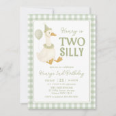 Green Gingham Two Silly Goose Birthday Invitation Kaart (Voorkant)