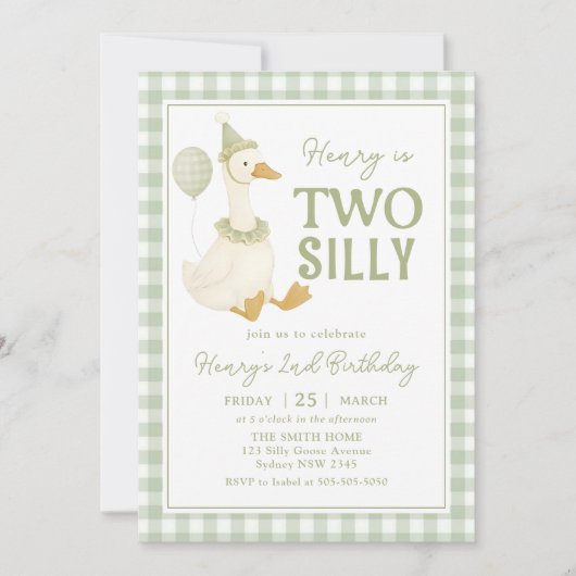 Green Gingham Two Silly Goose Birthday Invitation Kaart (Voorkant)