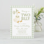 Green Gingham Two Silly Goose Birthday Invitation Kaart (Staand voorkant)