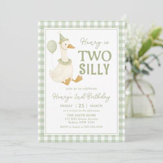 Green Gingham Two Silly Goose Birthday Invitation Kaart (Staand voorkant)