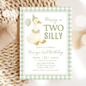 Green Gingham Two Silly Goose Birthday Invitation Kaart