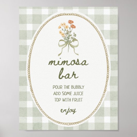 Green Gingham Wildflower Bouquet Mimosa Bar Poster (Voorkant)