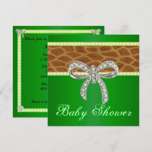 Green Giraffe Diamond Bow Baby shower Uitnodiging (Voorkant / Achterkant)