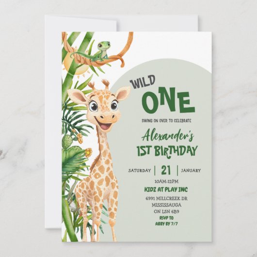 Green Giraffe Wild One Safari First Birthday Kaart (Voorkant)