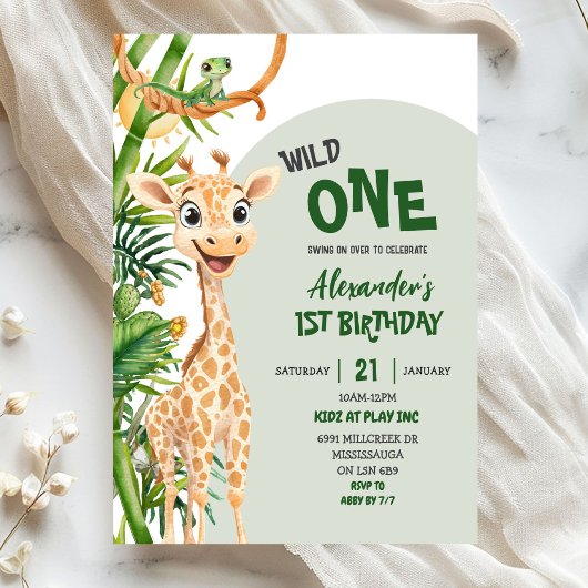 Green Giraffe Wild One Safari First Birthday Kaart