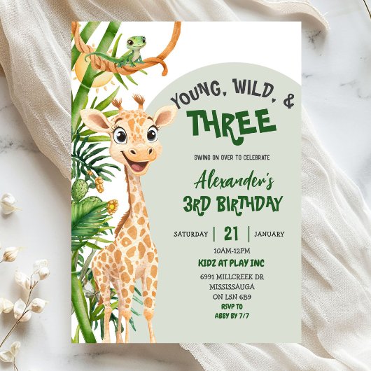 Green Giraffe Young Wild Three Third Birthday Kaart
