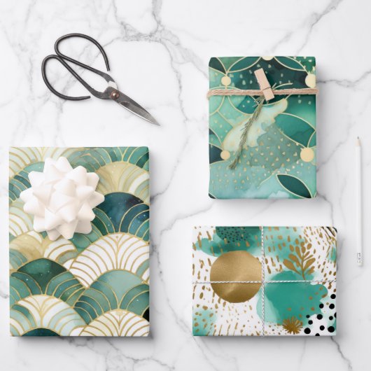 Green Glam Gold Abstract Inpakpapier Vel (Voorkant)