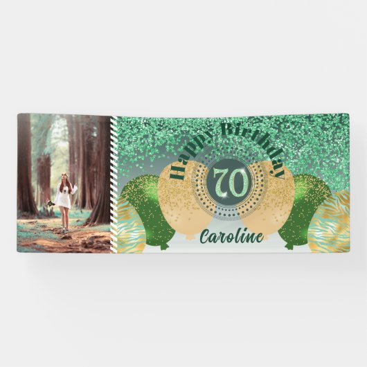 Green Glitter 70e verjaardag & ballonnen Spandoek (Horizontaal)