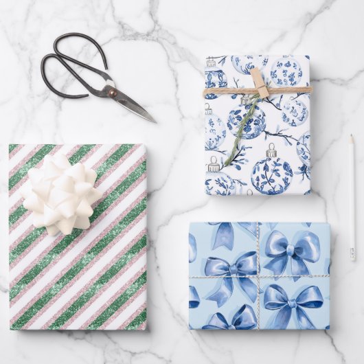 Green Glitter Blue Ornamenten Bows Christmas Inpakpapier Vel (Voorkant)