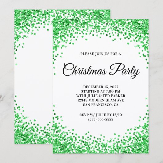 Green Glitter Border White Christmas Party Kaart (Voorkant / Achterkant)