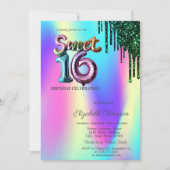 Green Glitter Drips Holographic Balloon Sweet 16 Kaart (Voorkant)