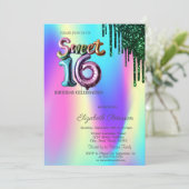 Green Glitter Drips Holographic Balloon Sweet 16 Kaart (Staand voorkant)