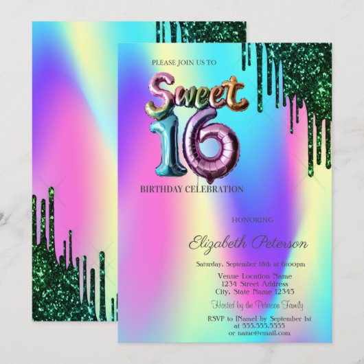Green Glitter Drips Holographic Balloon Sweet 16 Kaart (Voorkant / Achterkant)