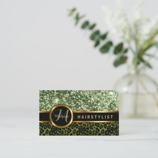 Green Glitter en Leopard Skin - Haarstylist Visitekaartje (Staand voorkant)