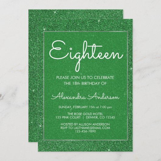 Green Glitter en Sparkle 18e verjaardagsfeest Kaart (Voorkant / Achterkant)