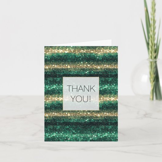 Green Glitter Glam Gold Stripes Thank you Bedankkaart (Voorkant)