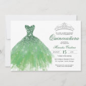 Green Glitter Glam Gown Quinceañera Uitnodiging (Voorkant)