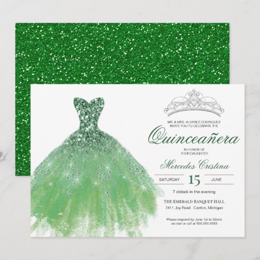 Green Glitter Glam Gown Quinceañera Uitnodiging (Voorkant / Achterkant)