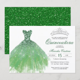 Green Glitter Glam Gown Quinceañera Uitnodiging