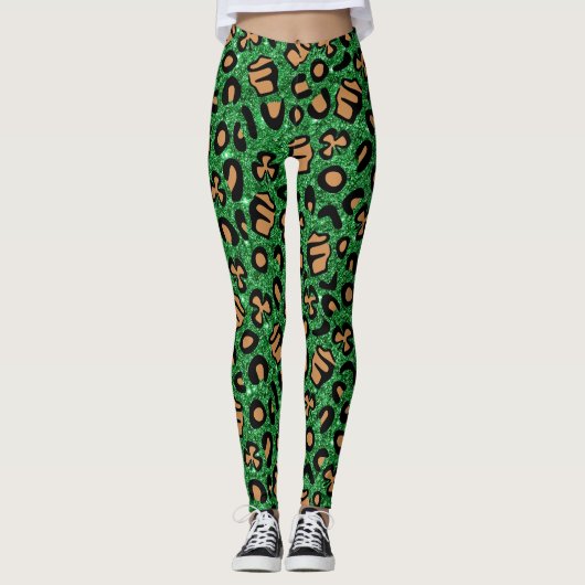Green Glitter Gold Leopard Shamrock Clover Irish Leggings (Voorkant)