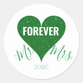 Green Glitter Heart de heer+Mrs Round Sticker (Voorkant)