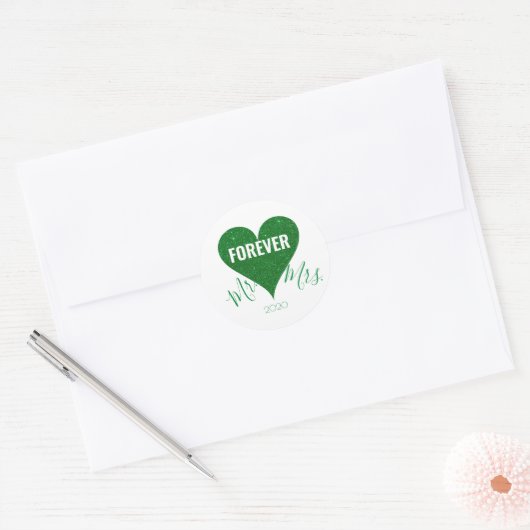 Green Glitter Heart de heer+Mrs Round Sticker (Envelop)