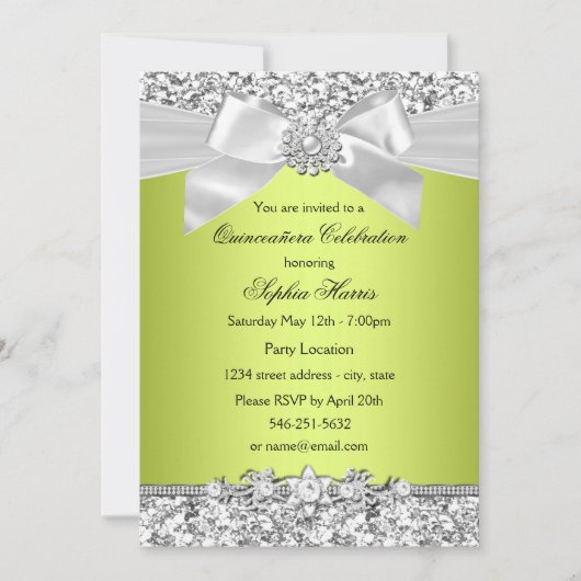 Green Glitter Jewel Bow Quinceanera Kaart (Voorkant)