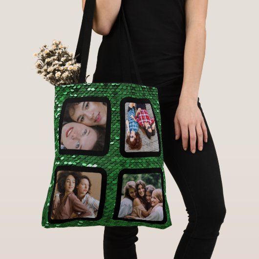 Green glitter Modern 4 Photo Collage BFF Canvas ta Tote Bag (Dichtbij)