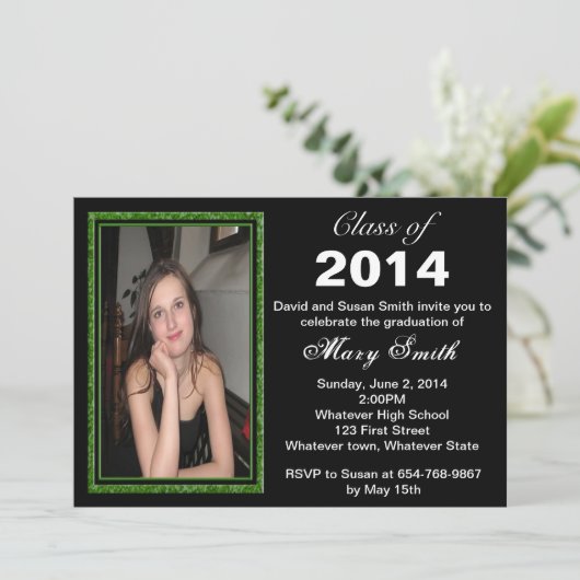 Green Glitter Photo Lijst Afstuderen Invitation Kaart (Staand voorkant)