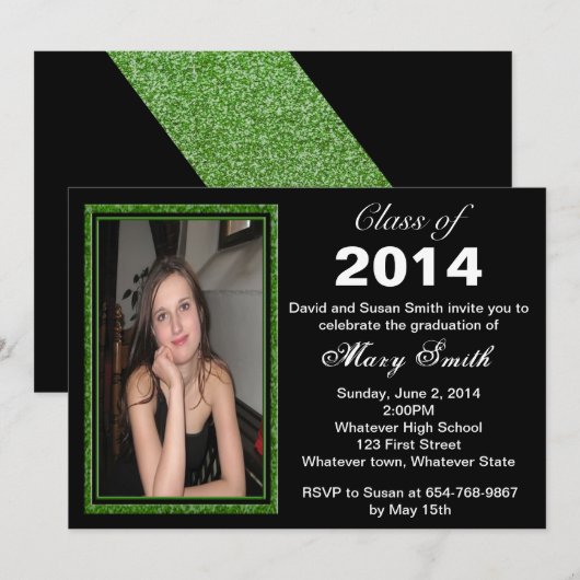 Green Glitter Photo Lijst Afstuderen Invitation Kaart (Voorkant / Achterkant)