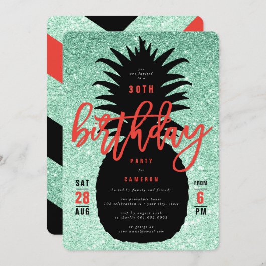 Green Glitter Pineapple Chic Birthday Party Invite Kaart (Voorkant / Achterkant)