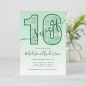 Green Glitter Script Sweet 16 Birthday Party Kaart (Staand voorkant)