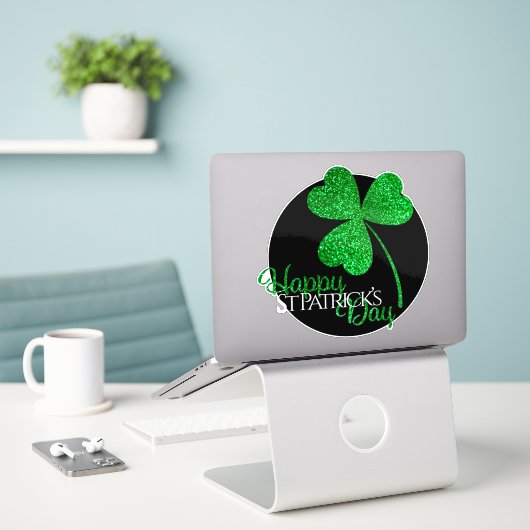 Green Glitter Shamrock Happy St Patrick's Day T-S Sticker (Laptop op bureau)