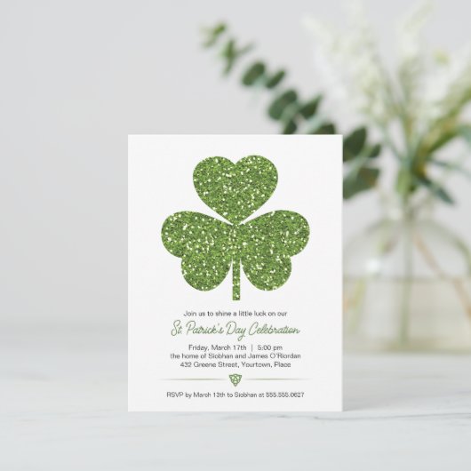 Green Glitter Shamrock St Patricks Party Kaart (Staand voorkant)