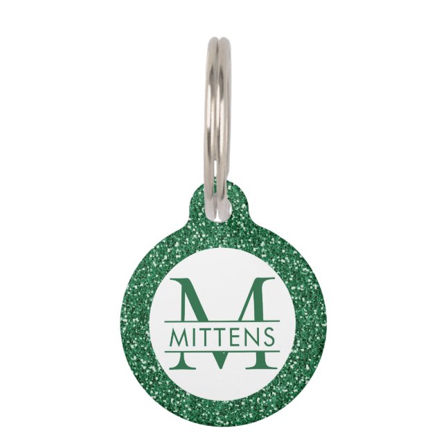 Green Glitter Sparkly Monogram Huisdierpenning (Voorkant)