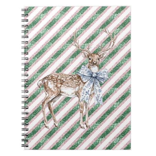Green Glitter Stripes Blue White Bow Deer  Notitieboek (Voorkant)