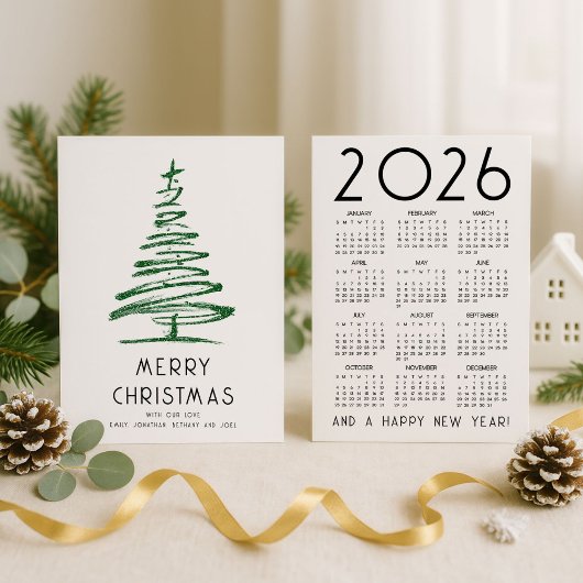 Green Glitter Tree 2026 Kalender Vrolijk Kerstfees Feestdagenkaart