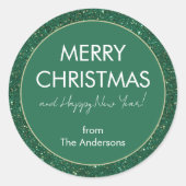 Green Glitter Vrolijk Kerstfeest Gelukkig Nieuwjaa Ronde Sticker (Voorkant)