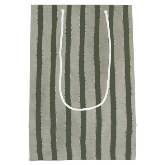 Green Glitzy Gold Stripes Christmas Medium Cadeauzakje (Achterkant)