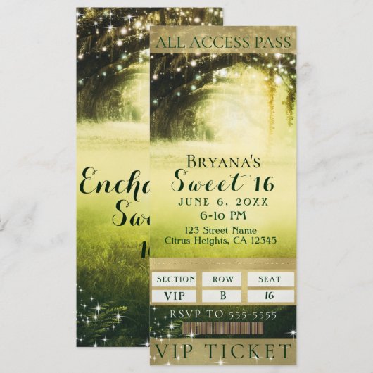 Green Glow Forest & Sparkle Lights Sweet 16 Ticket Kaart (Voorkant / Achterkant)
