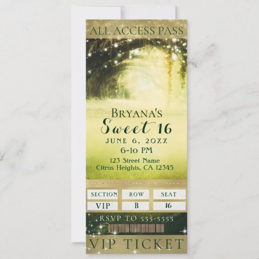 Green Glow Forest & Sparkle Lights Sweet 16 Ticket Kaart (Voorkant)