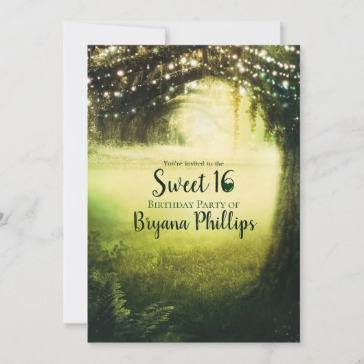 Green Glow Forest & String Lights Sweet 16 Party Kaart (Voorkant)